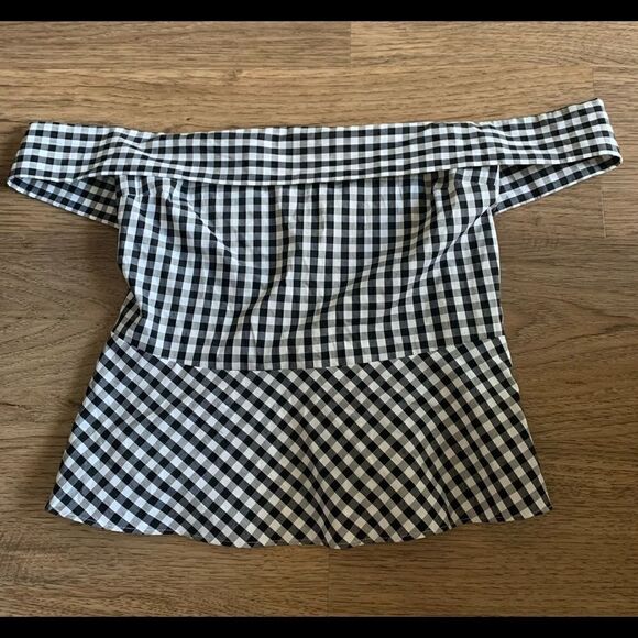 Express Off-the-Shoulder Gingham Plaid Top - Picture 2 of 5
